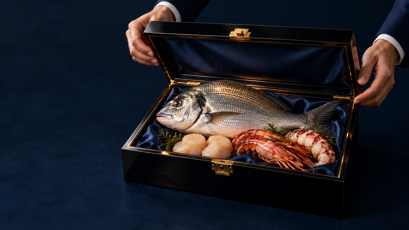 Scrigno prezioso con pesce e prodotti ittici, fotografia editoriale originale